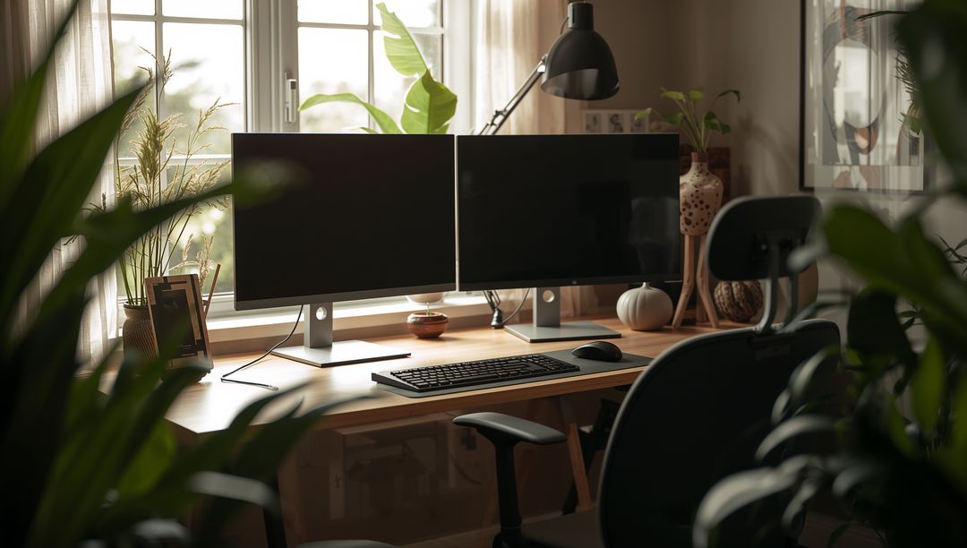 Modern Home Office with Dual Monitors and Minimalist Design