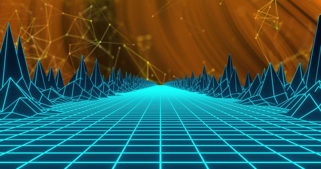 Futuristic Hologram Mountain Landscape with Digital Grid