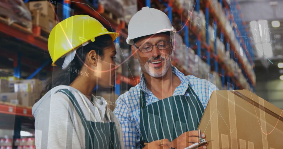 Warehouse Workers Analyzing Data Projections Wearing Hard Hats