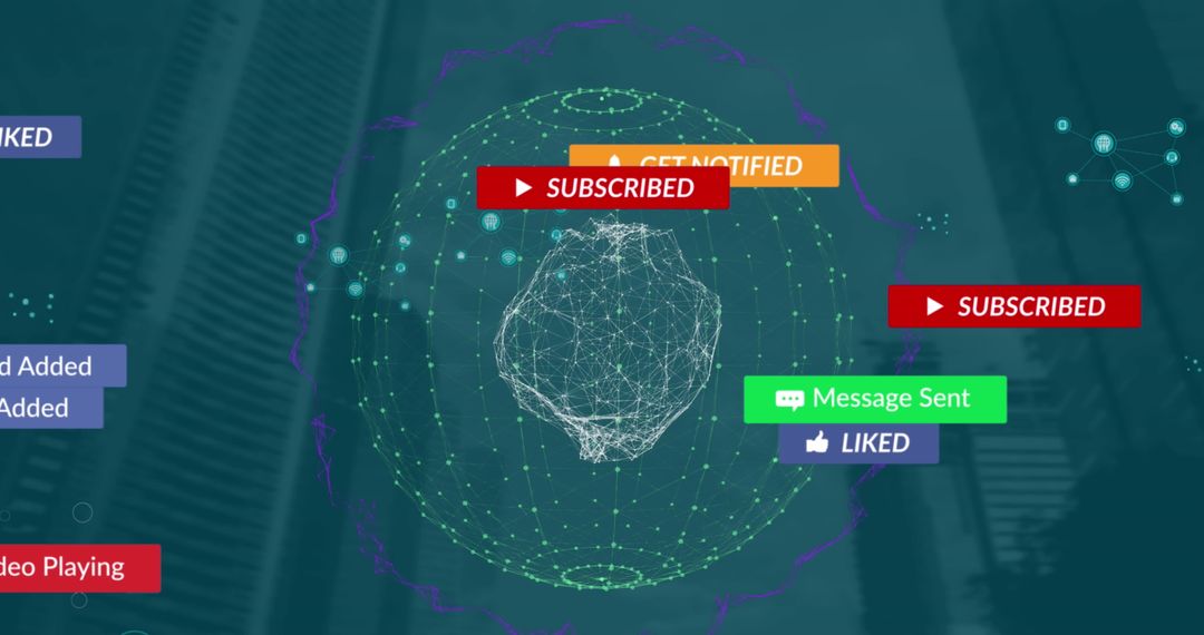 Digital Globe with Social Media Notifications Overlaying Cityscape