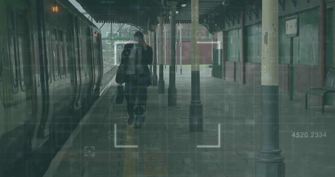 Man Waiting at Train Platform with Financial Data Graphics Overlay