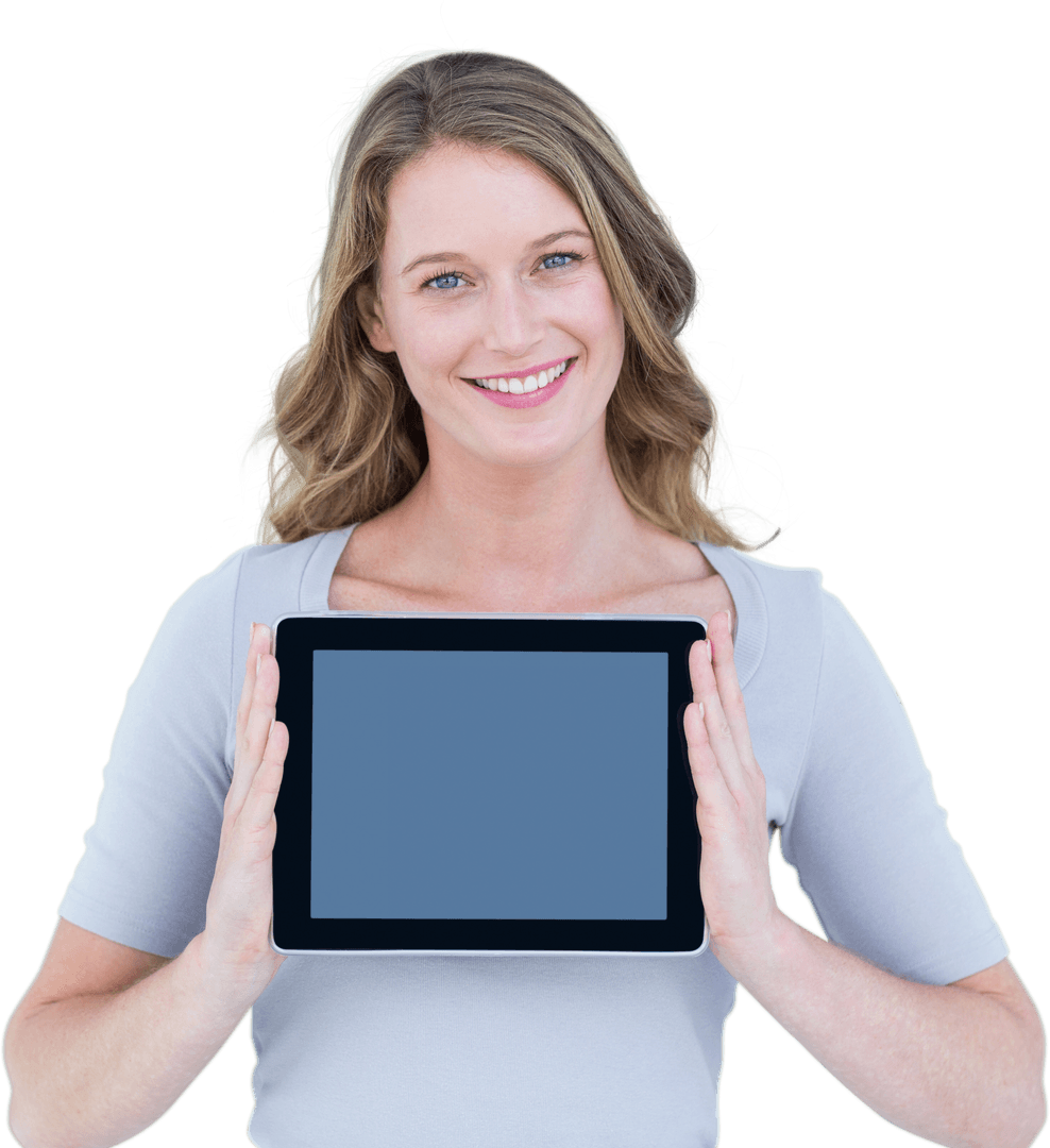 Smiling Woman Presenting Digital Tablet on Transparent Background
