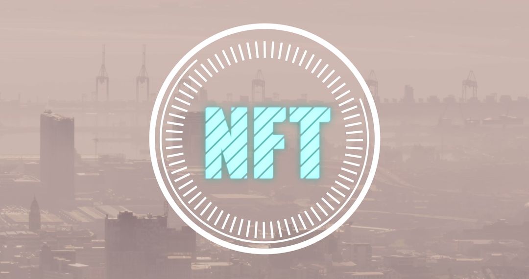 NFT Digital Cryptocurrency Overlay on Cityscape Background