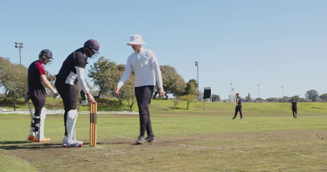 Dynamic Cricket Players Running Between Wickets on Sports Field