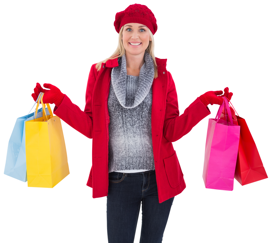 Blonde woman in winter clothing holding colorful shopping bags transparent background - Download Free Stock Images Pikwizard.com