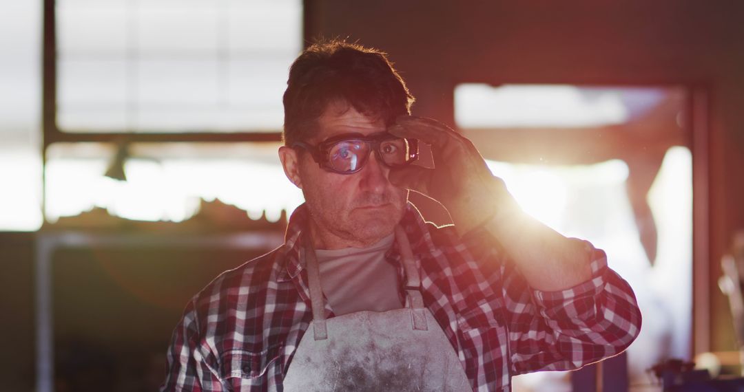 Male Carpenter Wearing Safety Goggles in Workshop at Sunset - Free Images, Stock Photos and Pictures on Pikwizard.com