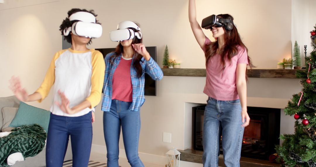 Friends Experiencing Virtual Reality at Cozy Holiday Gathering