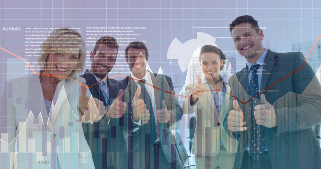 Business Team Thumbs Up with Digital Data Overlay