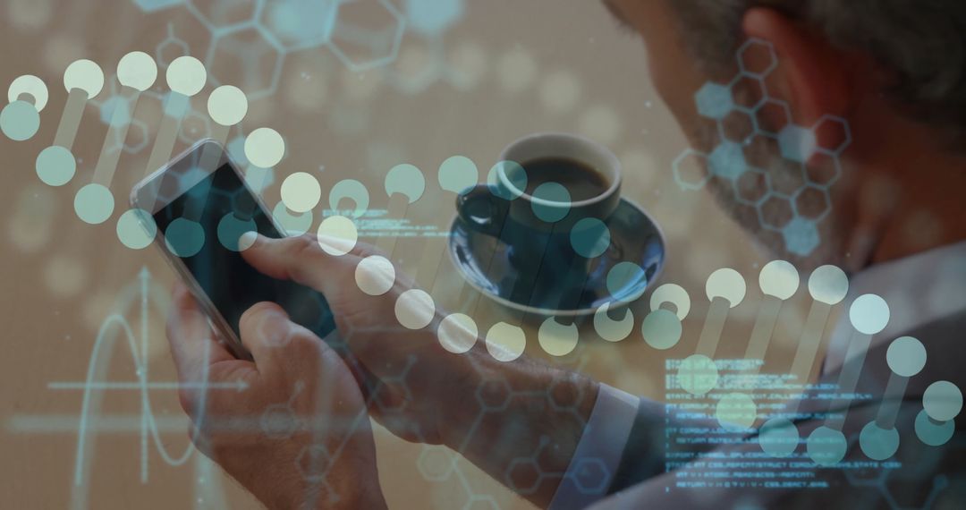 Professional Using Smartphone with DNA Helix Overlay in Cafe