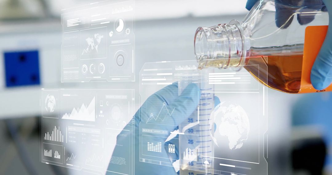 Scientist in Blue Gloves Pouring Amber Solution with Data Overlays