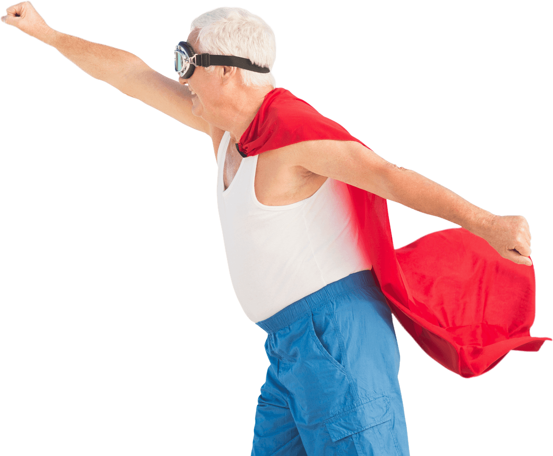 Elderly Man in Transparent Hero Costume Striking Power Pose