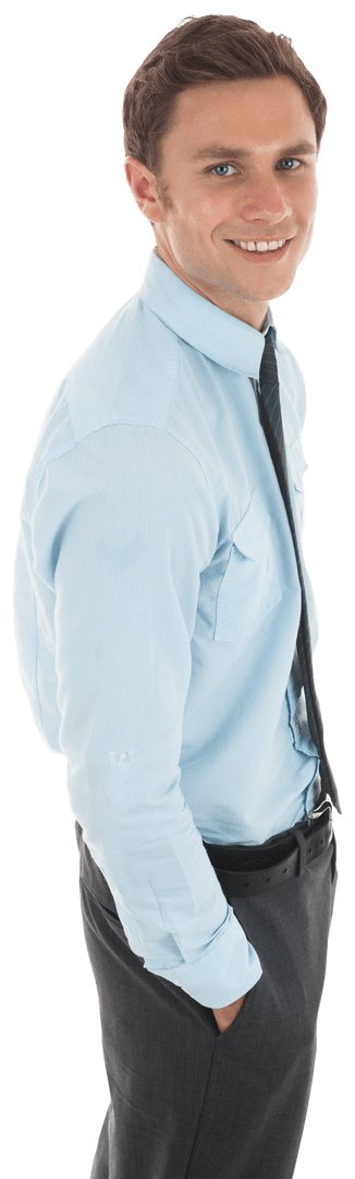 Transparent Happy Businessman Smiling with Hand in Pocket