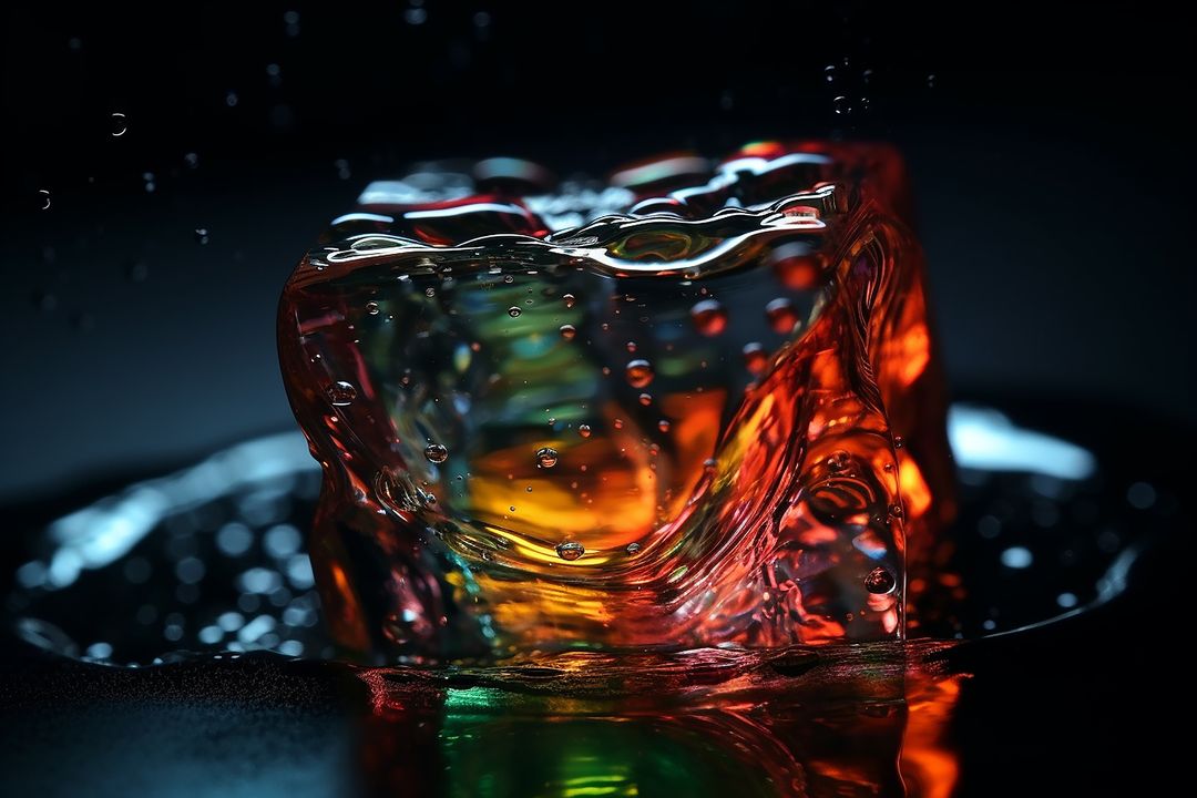 Melting Ice Cube with Vibrant Colors on Black Surface