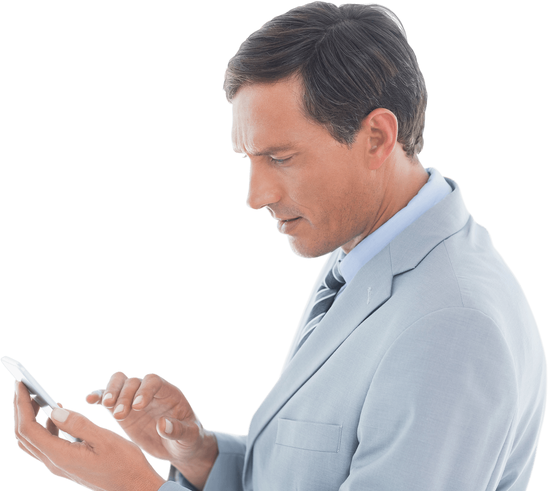 Focused Businessman Using Smartphone on Transparent Background
