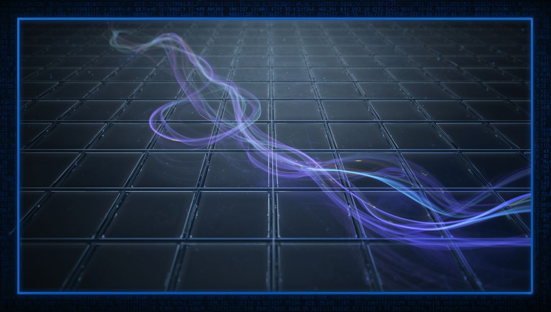 Translucent Neon Ribbon Weaving Across Metallic Grid Platform with Blue Holographic Frame