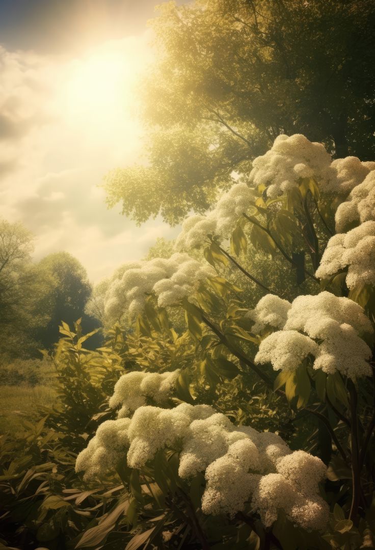 Elderberry tree with white flowers in garden, created using generative ai technology - Free Images, Stock Photos and Pictures on Pikwizard.com