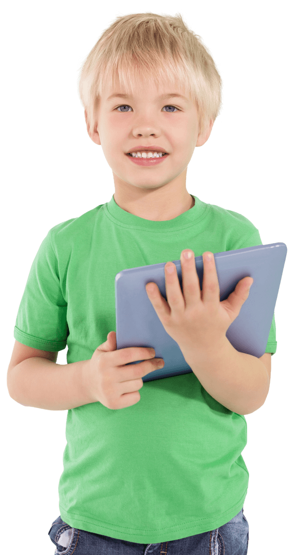Caucasian Boy Holding Tablet on Transparent Background: Technology Concept