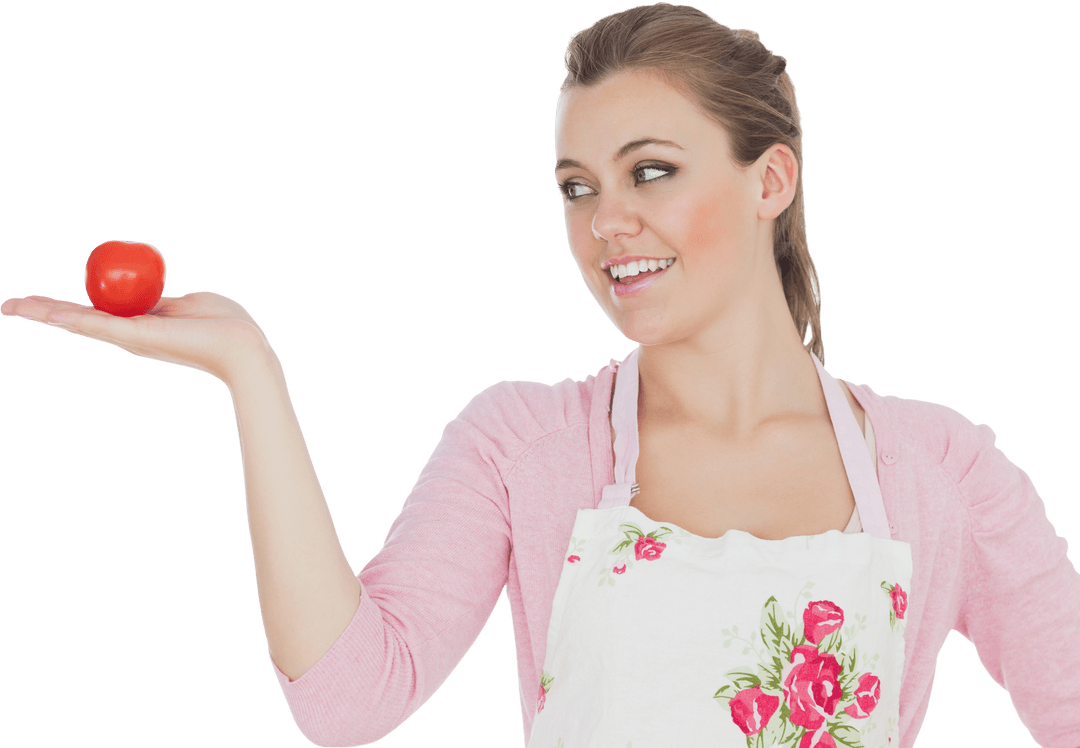 Smiling Woman Holding Tomato with Flower Apron on Transparent Background