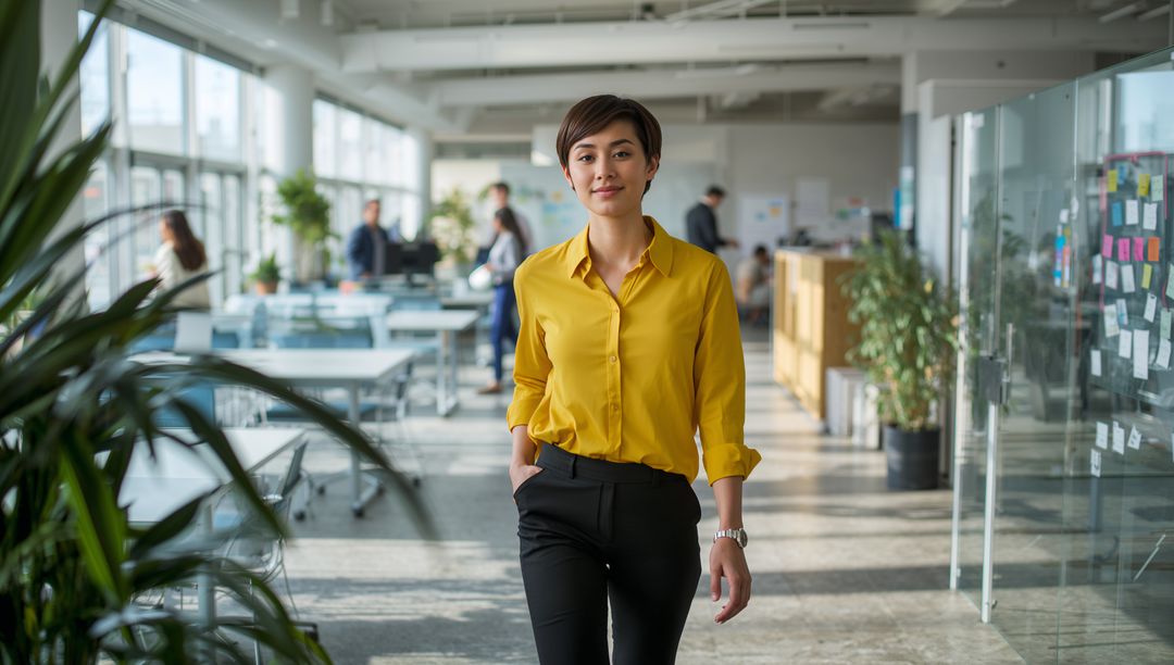 Professional Woman in Modern Office Setting with Glass Partitions