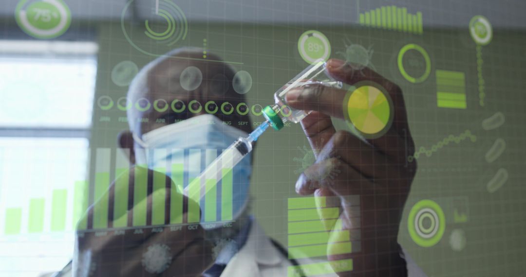 Scientist Using Syringe with Transparent Digital Graph Data Overlay