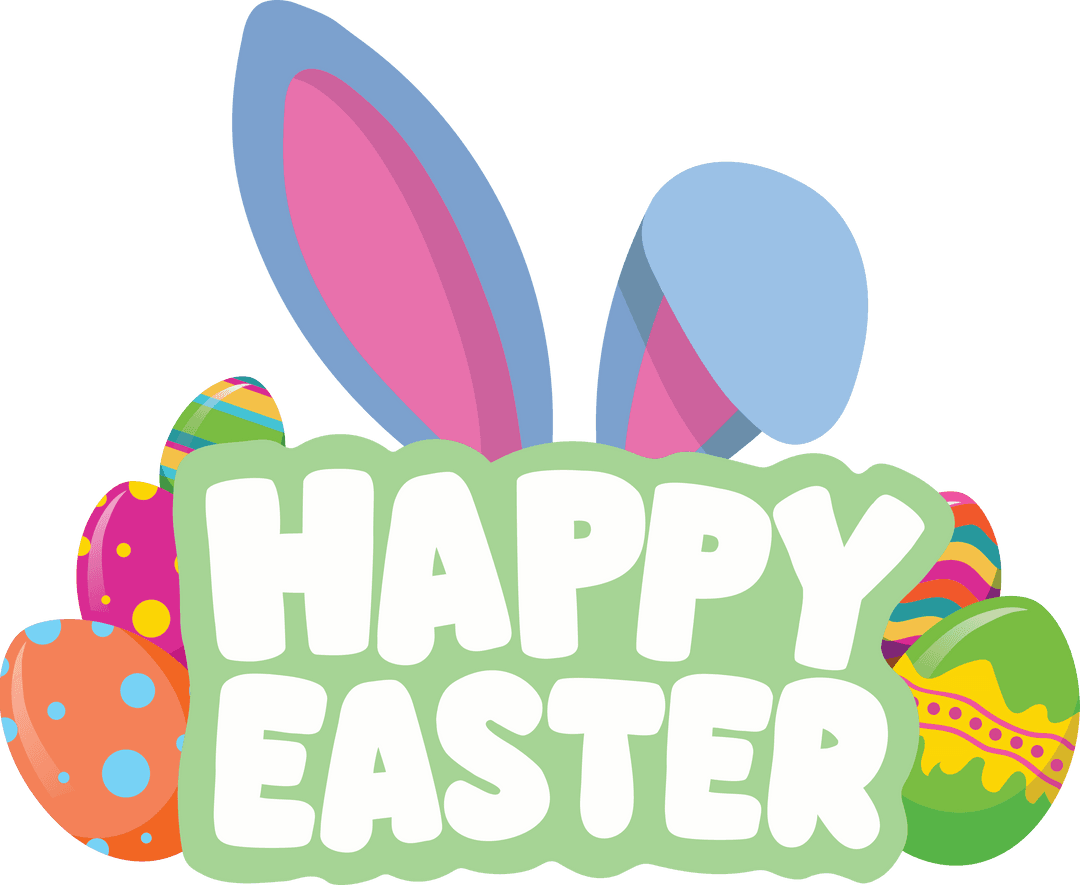 Happy Easter Text with Colorful Eggs on Transparent Background