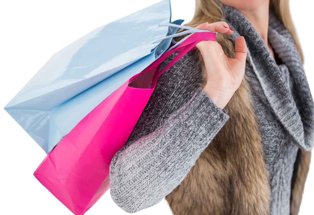 Transparent blonde woman in winter clothes holding shopping bags - Download Free Stock Images Pikwizard.com