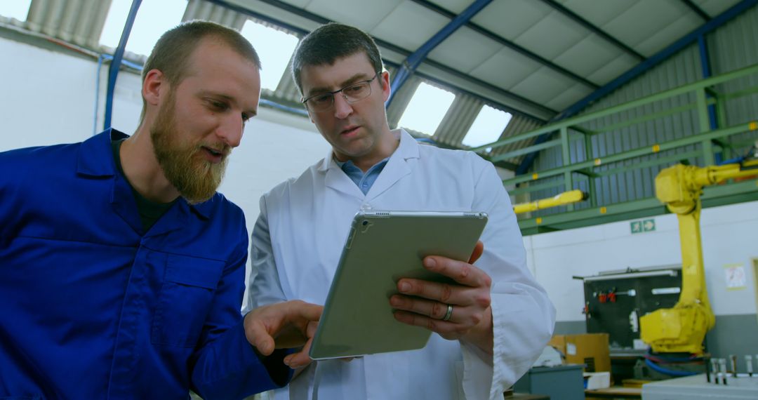 Engineers Discussing Project on Digital Tablet in Modern Factory - Free Images, Stock Photos and Pictures on Pikwizard.com