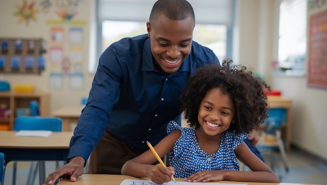Smiling Teacher Guiding Student in Classroom Learning