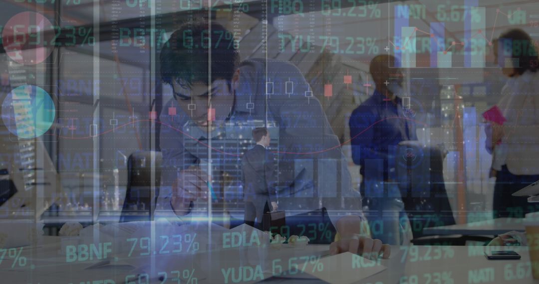 Digital Financial Data Overlays Business Team in Modern Office