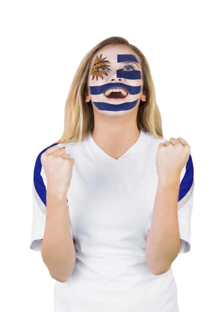 Excited Fan Celebrating with Transparent Uruguay Face Paint