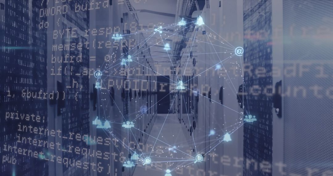 Global Network Connections Overlaying Futuristic Server Room