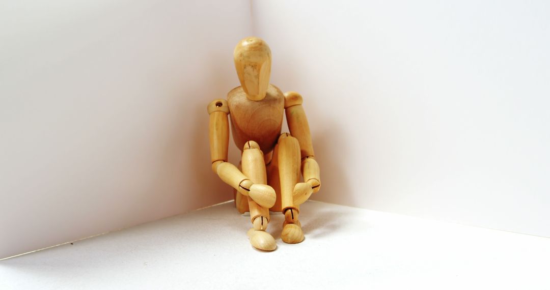 Wooden Mannequin Sitting in Introspective Pose in Empty Space