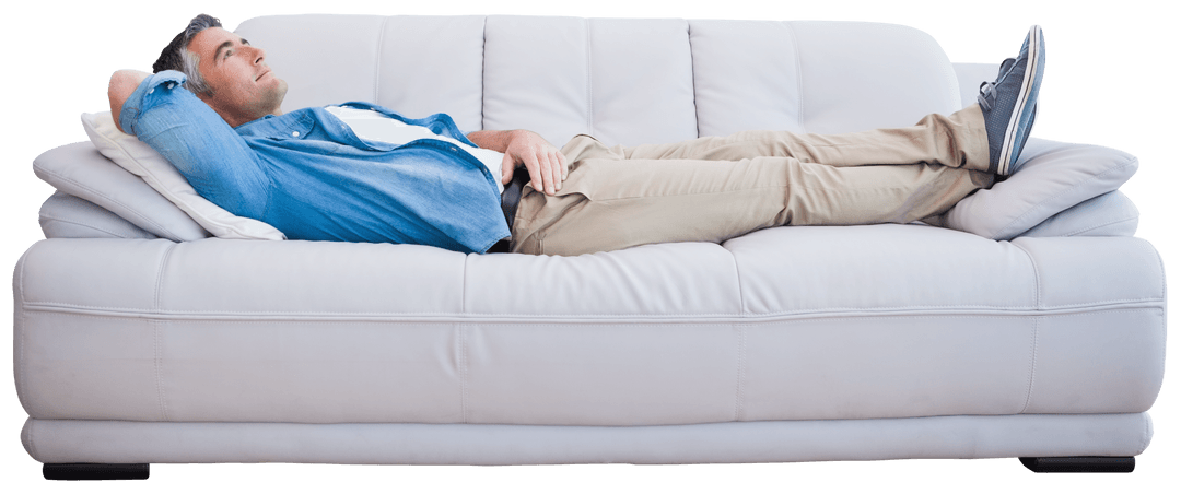 Relaxed Man Resting on White Sofa, Transparent Background