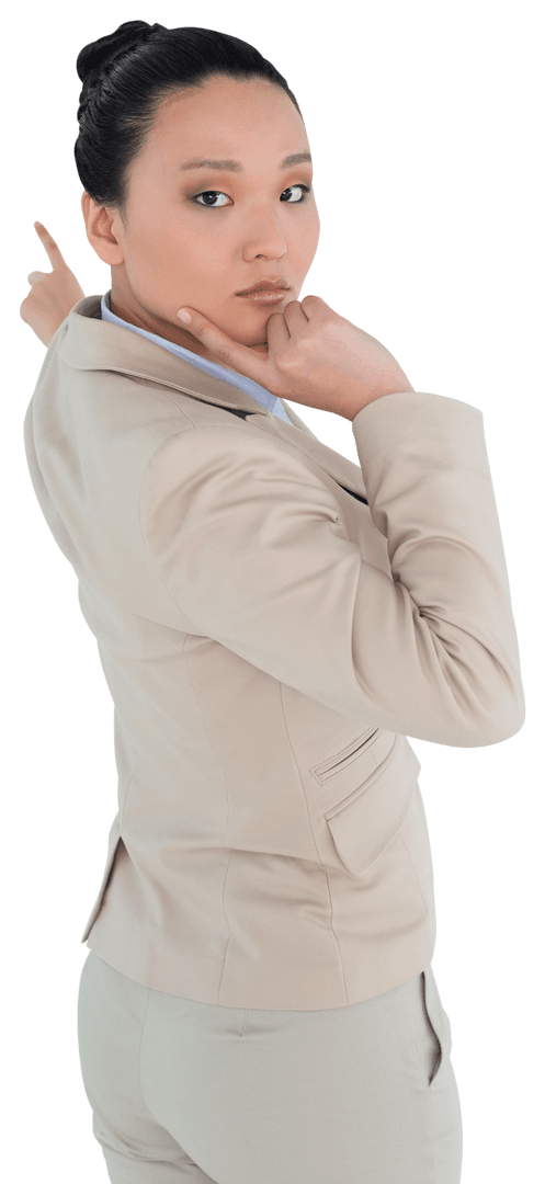 Asian Businesswoman Pointing Intently on Transparent Background