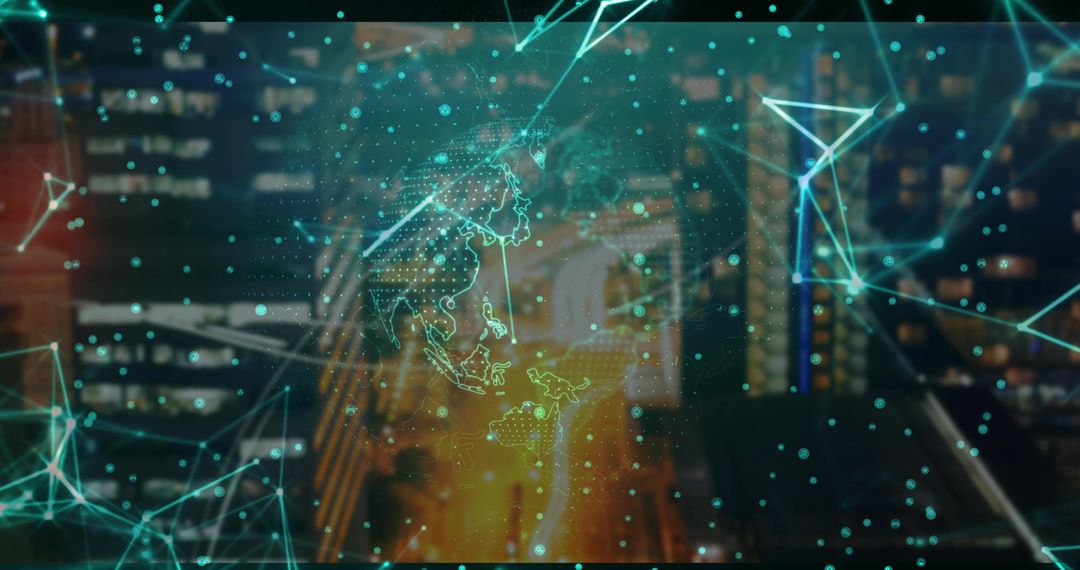 Futuristic Global Network Overlaying Urban Nightscape
