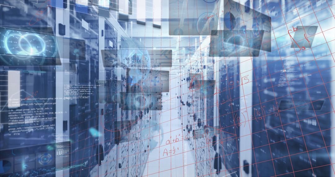 Futuristic data center with global technology interface overlays