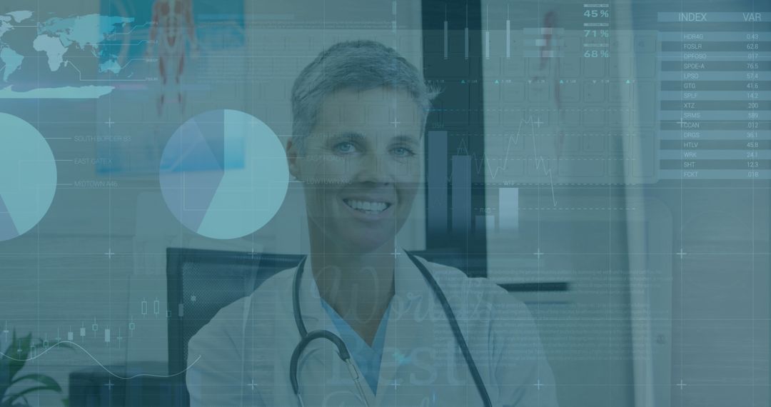 Female Doctor Smiling with Transparent Medical Data Interface