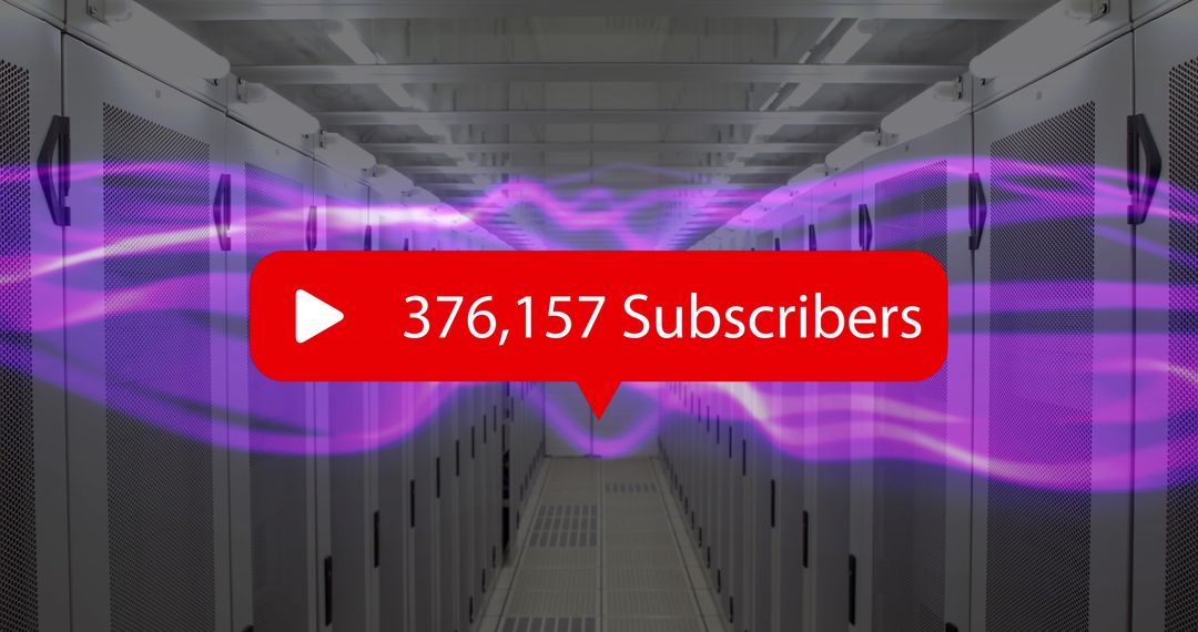 Play Icon with Growing Subscribers on Digital Waves in Server Room
