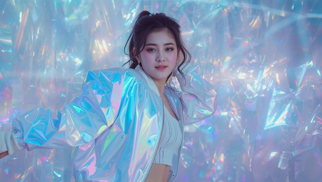 Vibrant Model in Reflective Bomber with Holographic Backdrop