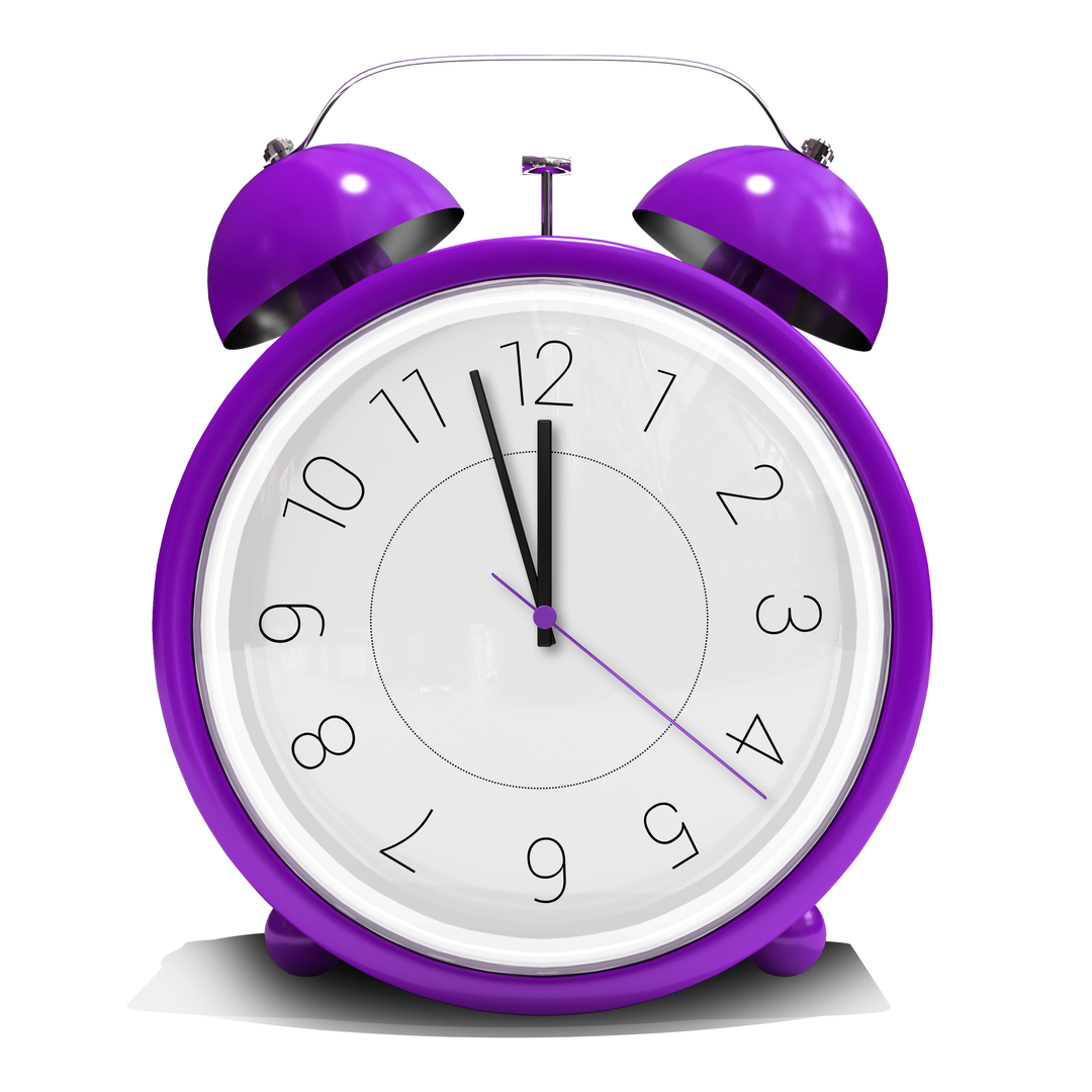 Purple alarm clock on transparent background showing midnight - Download Free Stock Images Pikwizard.com