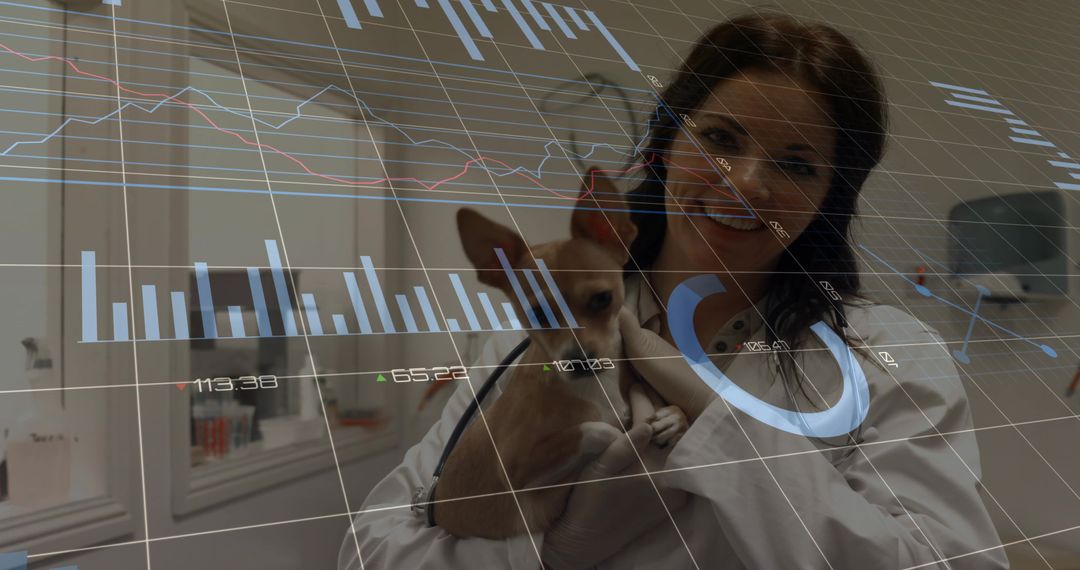 Veterinarian Analyzing Pet Health Data with Digital Charts Overlay