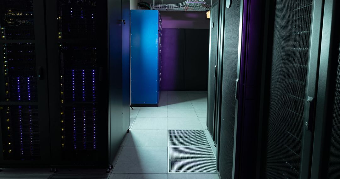Empty Corridor in Data Center with Purple and Blue Server Lights