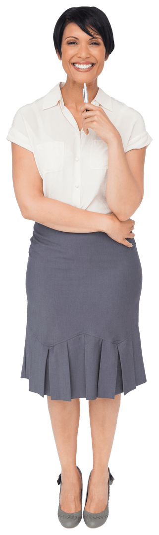 Happy Businesswoman with Pen Smiling on Transparent Background