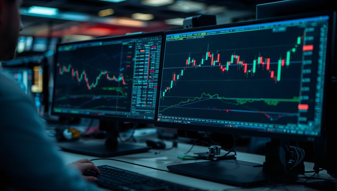 Stock Trader Analyzing Financial Charts on Dual Monitors