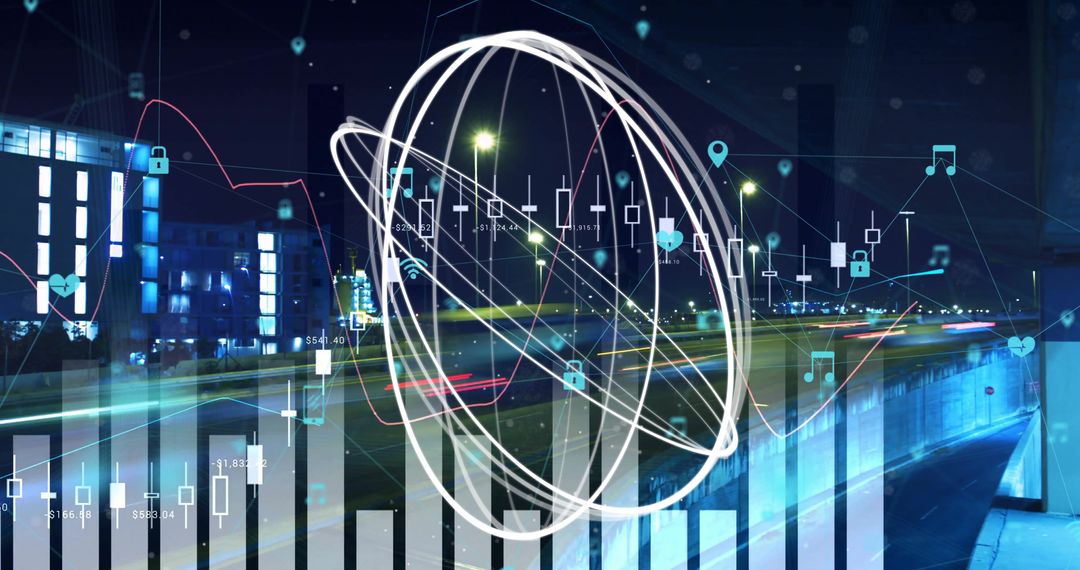 Digital Data Network Visualization Over Cityscape at Night