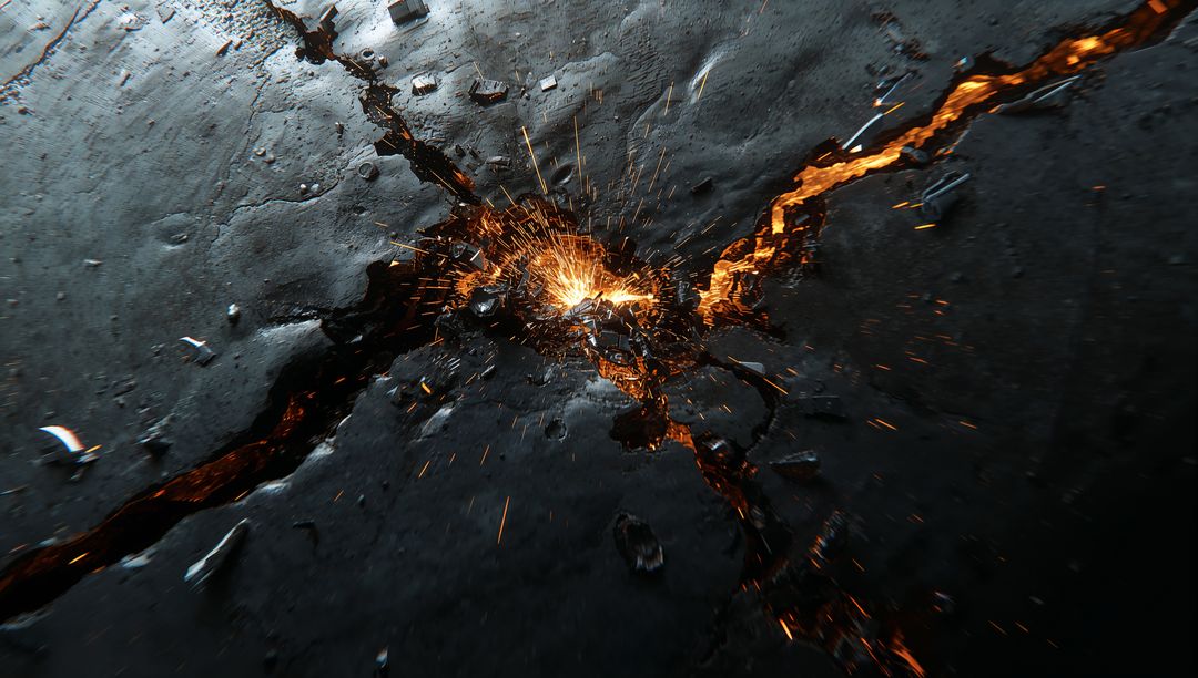 Molten Fissure Erupting Through Charred Slab with Glowing Lava Flow and Flying Sparks