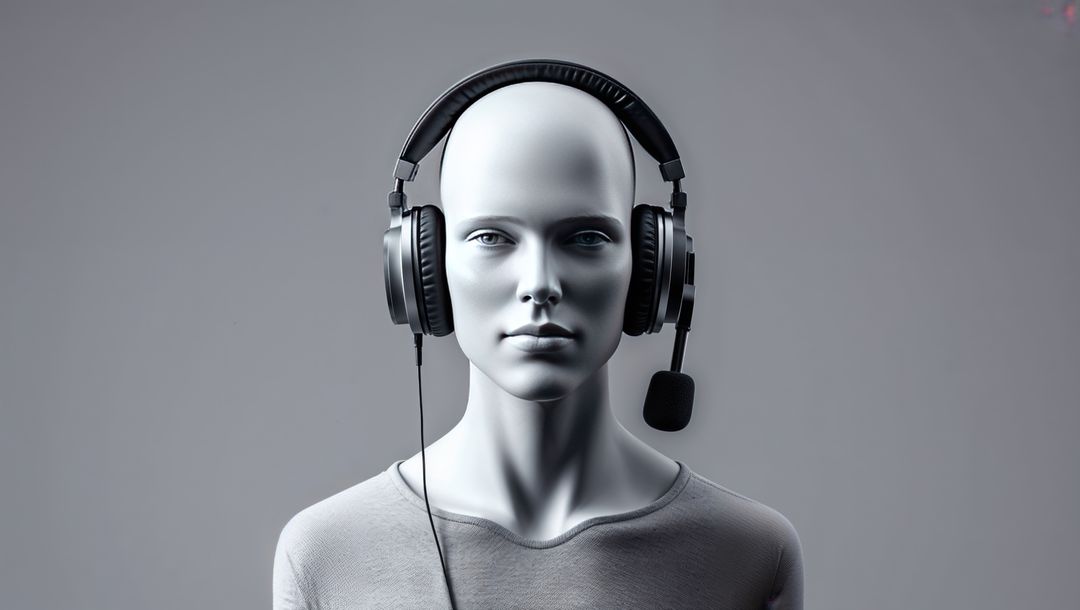 Mannequin displaying black headset with boom microphone, talking heads concept