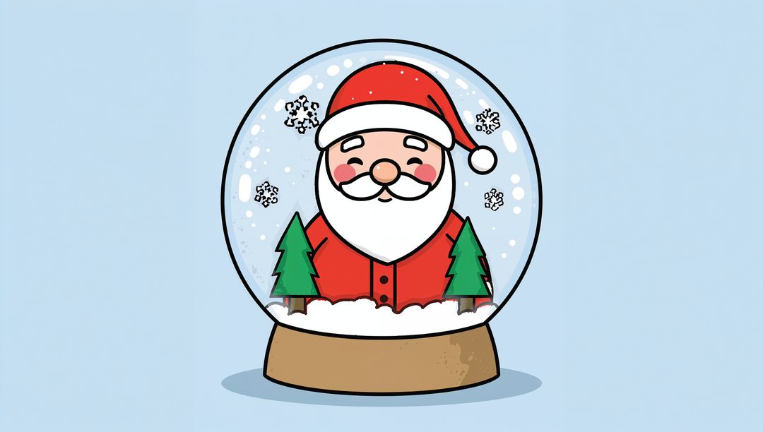 Santa Claus standing inside festive snow globe with pine trees and falling snow