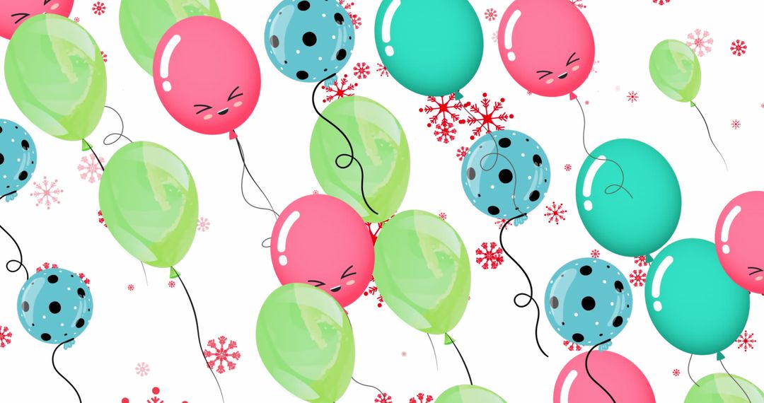 Whimsical Floating Balloons on Snowflake Background