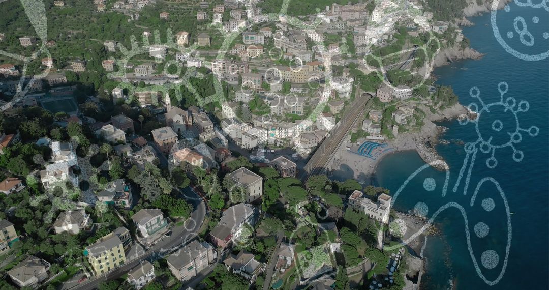 Pandemic Impact: COVID-19 Symbols Over Urban Aerial